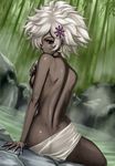  afro arm_support ass back bamboo bamboo_forest breasts dark_skin eiwa fingernails forest hair_ornament hair_over_one_eye highres long_fingernails looking_back nature no_more_heroes nude onsen purple_eyes shinobu_jacobs short_hair sideboob small_breasts solo steam towel very_dark_skin water white_hair 