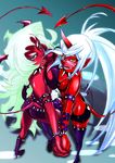  blush breast_press breasts cleavage demon_girl glasses highres horns kneesocks_(character) kneesocks_(psg) naughty_face panty_&amp;_stocking_with_garterbelt pointy_ears red_skin scanty scanty_(psg) smile symmetrical_docking tail 