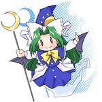  bad_id bad_pixiv_id bat_wings chibi crescent ghost_tail green_hair hat kairakuen_umenoka mima outstretched_arms ribbon solo spread_arms staff touhou touhou_(pc-98) wings wizard_hat 