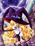  black_legwear blonde_hair garter_straps hat indoors lace lace-trimmed_thighhighs lilith_(yamibou) long_hair long_sleeves miyako910724 puffy_sleeves skirt solo thighhighs v very_long_hair watermark wavy_hair web_address window witch_hat yami_to_boushi_to_hon_no_tabibito zettai_ryouiki 