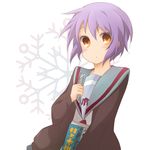  book brown_eyes cardigan eyewear_removed glasses holding holding_eyewear kinokosuke kita_high_school_uniform nagato_yuki purple_hair school_uniform serafuku short_hair snowflakes solo suzumiya_haruhi_no_shoushitsu suzumiya_haruhi_no_yuuutsu 