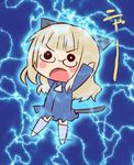  animal_ears arm_up artist_request blonde_hair blue_background blue_dress blush chibi dress electricity glasses long_hair long_sleeves perrine_h_clostermann rimless_eyewear simple_background solo strike_witches tail thighhighs translation_request world_witches_series zettai_ryouiki 