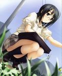  bag black_hair blush game_cg glasses green_eyes hashimoto_takashi highres loafers plaid plaid_skirt school_uniform shoes short_hair skirt solo squatting yorihime_nao yosuga_no_sora 