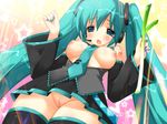  1girl aqua_eyes aqua_hair big_breasts blush breasts breasts_out breasts_outside censored emily_(artist) emily_(pure_dream) from_below hatsune_miku large_breasts long_hair nipples no_panties open_clothes open_mouth open_shirt pussy shirt skirt solo thighhighs twintails upskirt very_long_hair vocaloid yamaha 