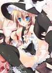  bad_id bad_pixiv_id black_legwear blonde_hair blue_eyes blush book braid breasts hat kiaki kirisame_marisa long_hair medium_breasts nipples no_bra no_panties off_shoulder panties panties_around_one_leg pussy_juice solo thighhighs touhou underwear witch_hat 