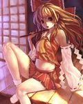  arm_support ascot bare_shoulders bow brown_eyes brown_hair detached_sleeves gohei hair_bow hakurei_reimu legs long_hair midriff over_shoulder pleated_skirt sitting skirt socks solo touhou white_legwear zrero 