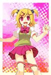 bad_id bad_pixiv_id blonde_hair bow hair_bobbles hair_ornament kagamine_rin panties pantsu_nugeru_mon!_(vocaloid) panty_pull pink_eyes polka_dot short_twintails solo striped striped_panties sweater_vest twintails underwear vocaloid zakki 