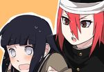  bandages black_hair blush brown_eyes hand_on_another's_shoulder hat hyuuga_hinata kamoi_hayato long_hair multiple_girls naruto naruto_(series) red_hair school_uniform serafuku surprised sweatdrop tayuya white_eyes yuri 