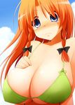  bikini blue_eyes blush braid breasts cleavage hong_meiling huge_breasts kurikara long_hair red_hair solo swimsuit tears touhou twin_braids 