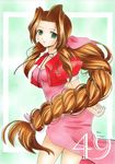  aerith_gainsborough braid brown_hair dress female final_fantasy final_fantasy_vii gradient gradient_background green_eyes jacket long_hair lowres mugen_z003 pink_ribbon ribbon single_braid solo very_long_hair 