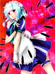  apron bad_id bad_pixiv_id between_fingers braid gradient_hair highres izayoi_sakuya knife maid maid_headdress multicolored_hair red_eyes short_hair silver_hair solo thigh_strap touhou twin_braids waist_apron yutazou 