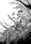  bow branch cherry_blossoms cirno flower greyscale hair_bow ice monochrome solo touhou tree uewtsol wings 