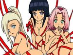  3girls artist_request bdsm black_hair blonde_hair blue_eyes blush blushing bondage bound bow breasts christmas gift grey_eyes haruno_sakura hyuuga_hinata looking_back lowres multiple_girls naruto pink_hair present ribbon tied_up yamanaka_ino 