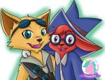  2018 anthro biped canid canine duo eyewear fox fur glasses hi_res lagomorph mammal mechiiko moji_(paladins) open_mouth open_smile paladins pip_(paladins) rabbit red_fur smile vulpin yellow_fur 