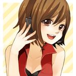  bare_shoulders breasts brown_eyes brown_hair cleavage headphones headset meiko open_mouth short_hair small_breasts smile solo tama_(songe) vocaloid 