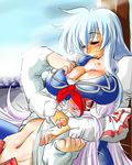  bad_anatomy blue_hair blush breast_rest breast_smother breasts breasts_on_head danna_(karatekikku) fujiwara_no_mokou huge_breasts inconvenient_breasts kamishirasawa_keine long_hair multiple_girls navel red_eyes sleeping touhou 