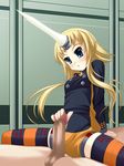  blonde_hair blue_eyes blush censored cfnm character_request clothed clothed_female_nude_male highres horn striped striped_legwear striped_stockings thighhighs 