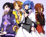  3girls :3 ange_serena bad_id bad_pixiv_id black_hair blue_eyes blue_hair brown_eyes brown_hair drill_hair fingerless_gloves gloves goggles grey_background jay_(tales) knife multiple_girls norma_beatty one_eye_closed rita_mordio shawl side_ponytail tales_of_(series) tales_of_innocence tales_of_legendia tales_of_vesperia tarukyo_(iruta) v yellow_eyes 