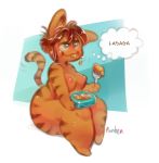  anthro breasts clothed clothing crossgender curvaceous eating female fork fur garfield garfield_(series) lasagna nude orange_fur panken simple_background sitting smile solo stripes thought_bubble 