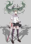  argyle argyle_legwear ataru_(ataru_squall) floating_hair gloves green_eyes green_hair gun hatsune_miku highres loafers long_hair navel necktie pleated_skirt shadow shoes skirt solo thighhighs twintails vocaloid weapon 