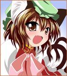  animal_ears bad_id bad_pixiv_id bow brown_eyes brown_hair cat_ears cat_tail chen fang hat highres nekorin short_hair solo tail touhou 