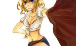  america_(hetalia) axis_powers_hetalia bad_id bad_pixiv_id belt blonde_hair blue_eyes breasts cleavage denim denim_shorts front-tie_top genderswap genderswap_(mtf) large_breasts shirt short_shorts shorts simple_background solo tied_shirt yuzumisuzu 