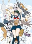  annotation_request bed cat closed_eyes flcl green_hair honekoneko_(psg) legs lying miyu_miyu original panty_&amp;_stocking_with_garterbelt school_uniform serafuku socks solo takkun_(flcl) thighs too_many too_many_cats yotsube_nawoki 