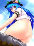  ass blue_hair bottomless face food foreshortening from_below fruit hat highres hinanawi_tenshi k2isu keystone long_hair looking_back naughty_face peach red_eyes sitting smile solo touhou 