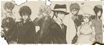  2girls 6+boys 6boys arcobaleno black_and_white braid fedora formal glasses hat headband hood katekyo_hitman_reborn katekyo_hitman_reborn! long_hair monochrome multiple_boys multiple_girls necktie piercing pregnant short_hair suit tie 