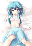  blue_eyes blue_hair blush flat_chest heterochromia highres lying navel on_back red_eyes shirt_lift short_hair skirt solo sweat takamu tatara_kogasa touhou 