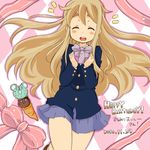  blonde_hair closed_eyes food gift happy_birthday holding holding_gift ice_cream k-on! kotobuki_tsumugi long_hair plover school_uniform solo 