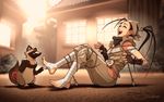  ankle_wrap bandages barefoot black_hair bound closed_eyes don_(street_fighter) feet foot_tickling gloves hip_vent ibuki_(street_fighter) laughing long_hair ninja omar_dogan open_mouth ponytail short_hair signature street_fighter tanuki tickling tied_up toeless_legwear 