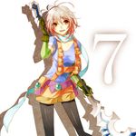  bad_id bad_pixiv_id blue_shirt brown_eyes gloves multicolored_hair number pascal red_hair scarf shirt short_shorts shorts staff tales_of_(series) tales_of_graces three_plates two-tone_hair white_background white_hair 