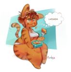  anthro breasts clothed clothing crossgender curvaceous eating female fork fur garfield garfield_(series) lasagna orange_fur panken panties shirt simple_background sitting smile solo stripes tank_top thought_bubble under_boob underwear 