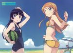  :o absurdres ass back beach bikini black_hair blue_eyes blush bracelet brown_hair butt_crack cloud day food fruit glasses gokou_ruri highres hime_cut holding holding_food holding_fruit huge_filesize jewelry kanzaki_hiro kousaka_kirino long_hair looking_back makishima_saori mole mole_under_eye multiple_girls one-piece_swimsuit ore_no_imouto_ga_konna_ni_kawaii_wake_ga_nai outdoors scan school_swimsuit side-tie_bikini sky smile swimsuit tabgraphics twisted_torso umbrella watermelon 