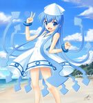  amane_(funfun) blue_eyes blue_hair dress foreshortening hat ikamusume long_hair shinryaku!_ikamusume solo tentacle_hair v 