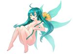  ahoge bad_id bad_pixiv_id barefoot blush breasts convenient_leg fairy fairy_wings feet flower green_hair highres minigirl nipples nude one_eye_closed original small_breasts solo twintails wings yellow_eyes zenn 