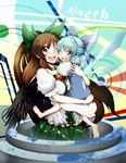  bad_id bad_pixiv_id barefoot black_wings blue_eyes blue_hair bow brown_eyes brown_hair cape carrying cheek-to-cheek cirno cockadooodledoo friends green_bow hair_bow holding hug long_hair multiple_girls one_eye_closed red_eyes reiuji_utsuho short_hair third_eye touhou wings 