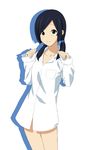  black_eyes black_hair dress_shirt extra fukuoka_katsumi k-on! long_hair pinching_sleeves satou_akane shirt simple_background sleeves_past_wrists smile solo twintails 