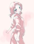  bad_id bad_pixiv_id clenched_hands jacket looking_back low_twintails monochrome open_mouth pants pink saki simple_background sleeves_pushed_up solo sweater takei_hisa tokumi_yuiko track_jacket twintails 