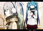  ahoge arisaka_ako bad_id bad_pixiv_id blue_hair coat earmuffs gloves green_eyes hatsune_miku long_hair piano_keys ryuusei_sound_(vocaloid) scarf solo twintails vocaloid 