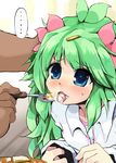  blush cum cum_in_mouth cum_on_food feeding flower food fork gijinka green_hair moemon pancake pancakes personification pokemon rakkogawa_rinro shaymin 