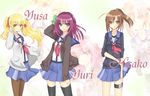  angel_beats! blonde_hair brown_eyes brown_hair cardigan green_eyes highres hisako_(angel_beats!) jacket long_hair multiple_girls nakamura_hinato pantyhose ponytail purple_hair school_uniform serafuku short_hair sleeves_pushed_up twintails yuri_(angel_beats!) yusa_(angel_beats!) zoom_layer 