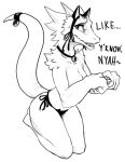  2019 anthro breasts claws clothed clothing collar dialogue english_text fake_cat_ears fake_ears female kobold monochrome open_mouth panties partially_clothed scalie simple_background sketch solo text topless underwear w4g4 