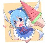  :d arm_up blue_eyes blue_hair cirno dot_nose food from_above heart holding holding_food kuromu_(underporno) looking_at_viewer looking_up open_mouth popsicle smile solo touhou watermelon_bar wings 
