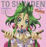  90s ahoge breasts cleavage_cutout copyright_name dagger earrings ellis_(toushinden) fang green_eyes green_hair highres holding holding_dagger holding_weapon jewelry kotobuki_tsukasa logo medium_breasts necklace official_art open_mouth pink_background short_hair sidelocks simple_background solo toushinden weapon 