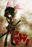  akasia animal_ears black_hair bunny_ears bunny_tail character_name cigar crossed_arms eyepatch grin hat highres inaba_tewi katana military military_uniform peaked_cap red_eyes sharp_teeth sheath sheathed shoes short_hair smile smoking solo sword tail teeth touhou uniform weapon 