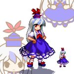  blue_hair bow chibi dress hat kamishirasawa_keine long_hair lowres multicolored_hair niwatori_takeshi pixel_art red_eyes ribbon short_sleeves silver_hair solo touhou two-tone_hair 