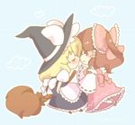  blonde_hair blush bow broom brown_eyes brown_hair chibi closed_eyes couple detached_sleeves hair_bow hakurei_reimu hat imminent_kiss jpeg_artifacts kirisame_marisa long_hair multiple_girls sen1986 smile touhou witch_hat yuri 