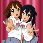  akky black_hair brown_eyes brown_hair clothes_writing hirasawa_yui k-on! long_hair multiple_girls nakano_azusa school_uniform shirt short_hair skirt sweat t-shirt twintails v 